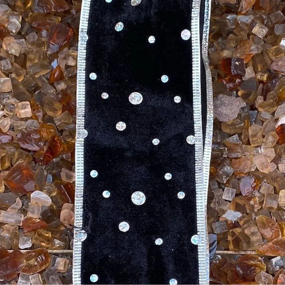 New Black Velvet Silver Sequin Pre-Cut Wire Ribbon. Various Sizes 22 pieces.